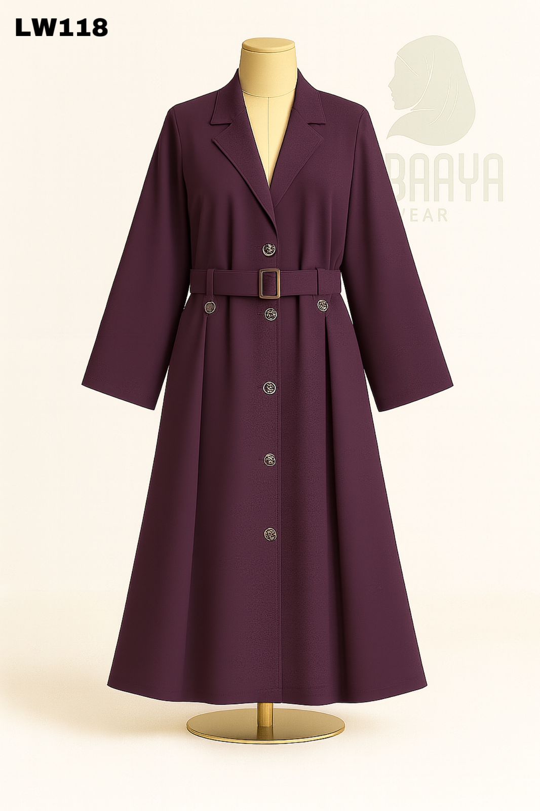 Plum Belted Buttoned Coat Abaya