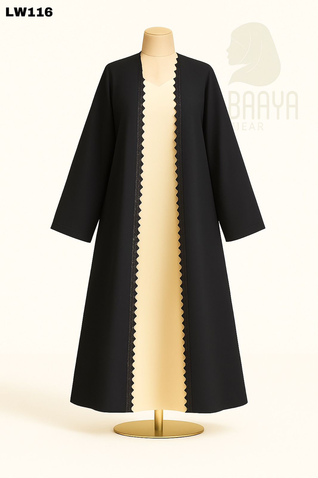 Scallop Trim Front Open Abaya Set – Black & Cream