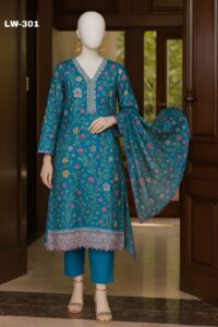 Maria B. – LW-301 | Teal Blossom Chikankari Embroidered Lawn Suit – 3 Piece (Stitched)