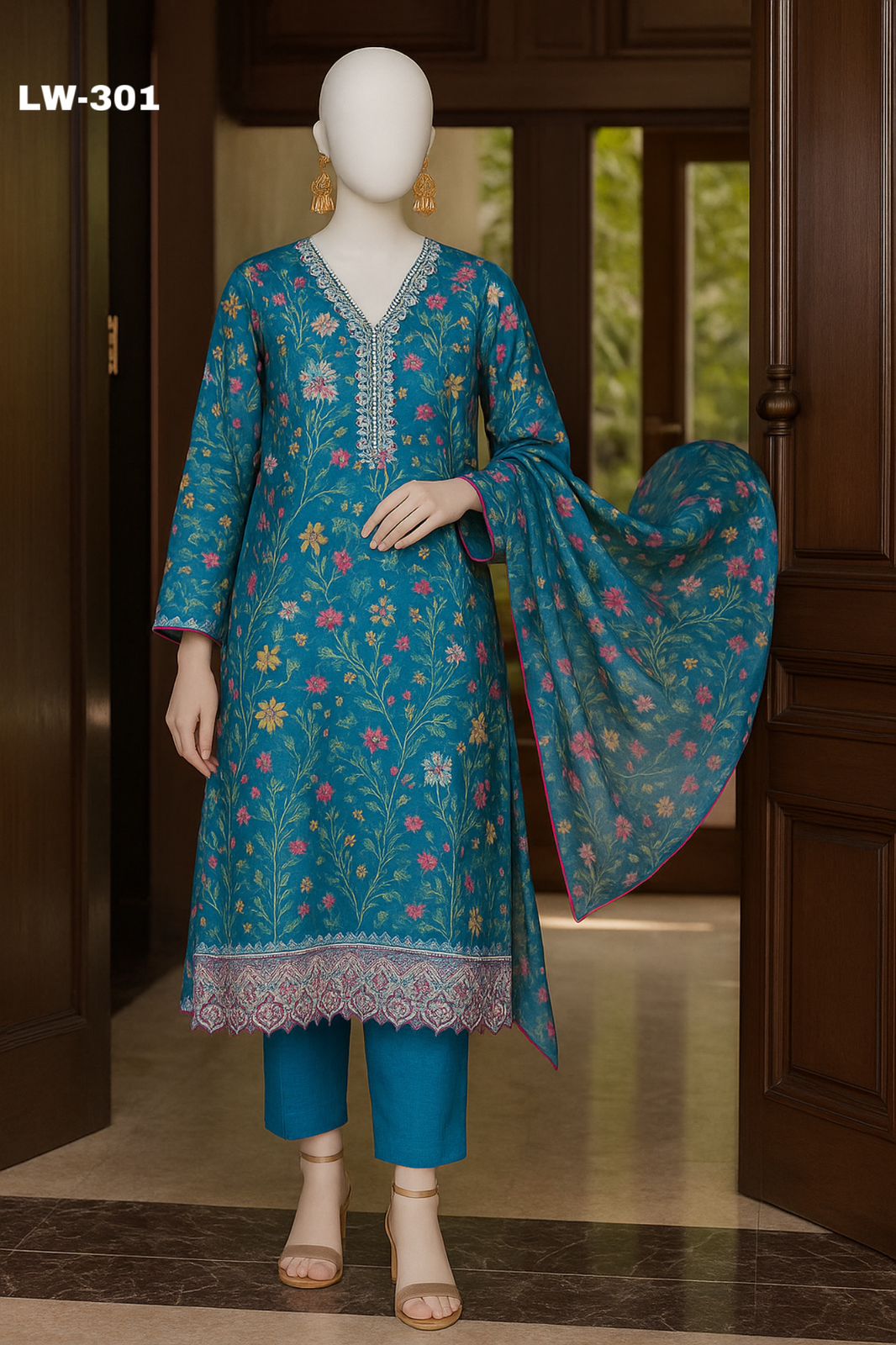 Maria B. – LW-301 | Teal Blossom Chikankari Embroidered Lawn Suit – 3 Piece (Stitched)