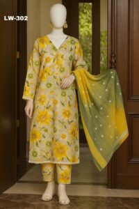 Maria B. – LW-302 | Lemon Blossom Stitched Lawn Suit (3-Piece)