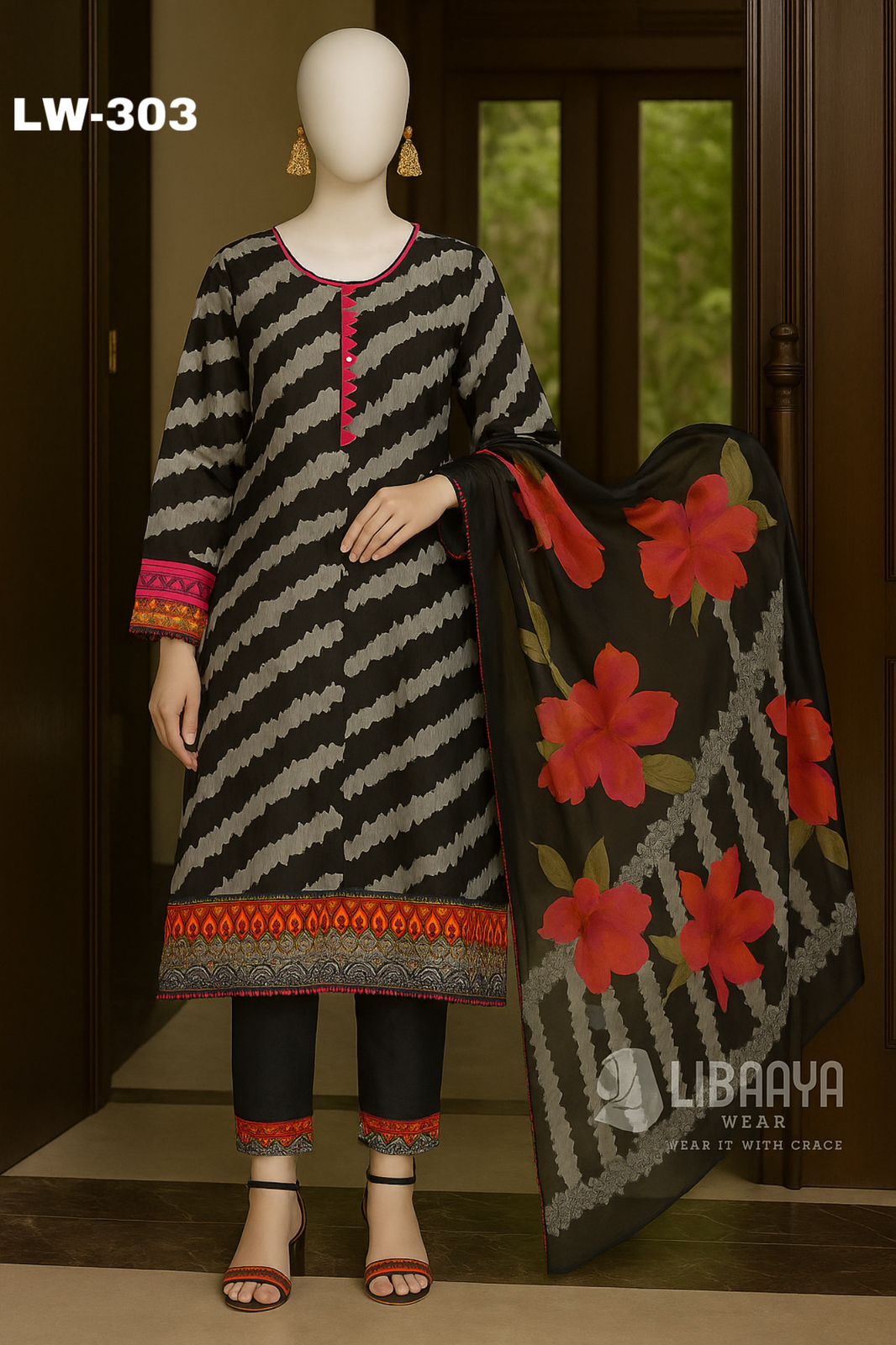 Maria B. – LW-303 | Noir Bloom Luxe Stitched Lawn Suit (3-Piece)