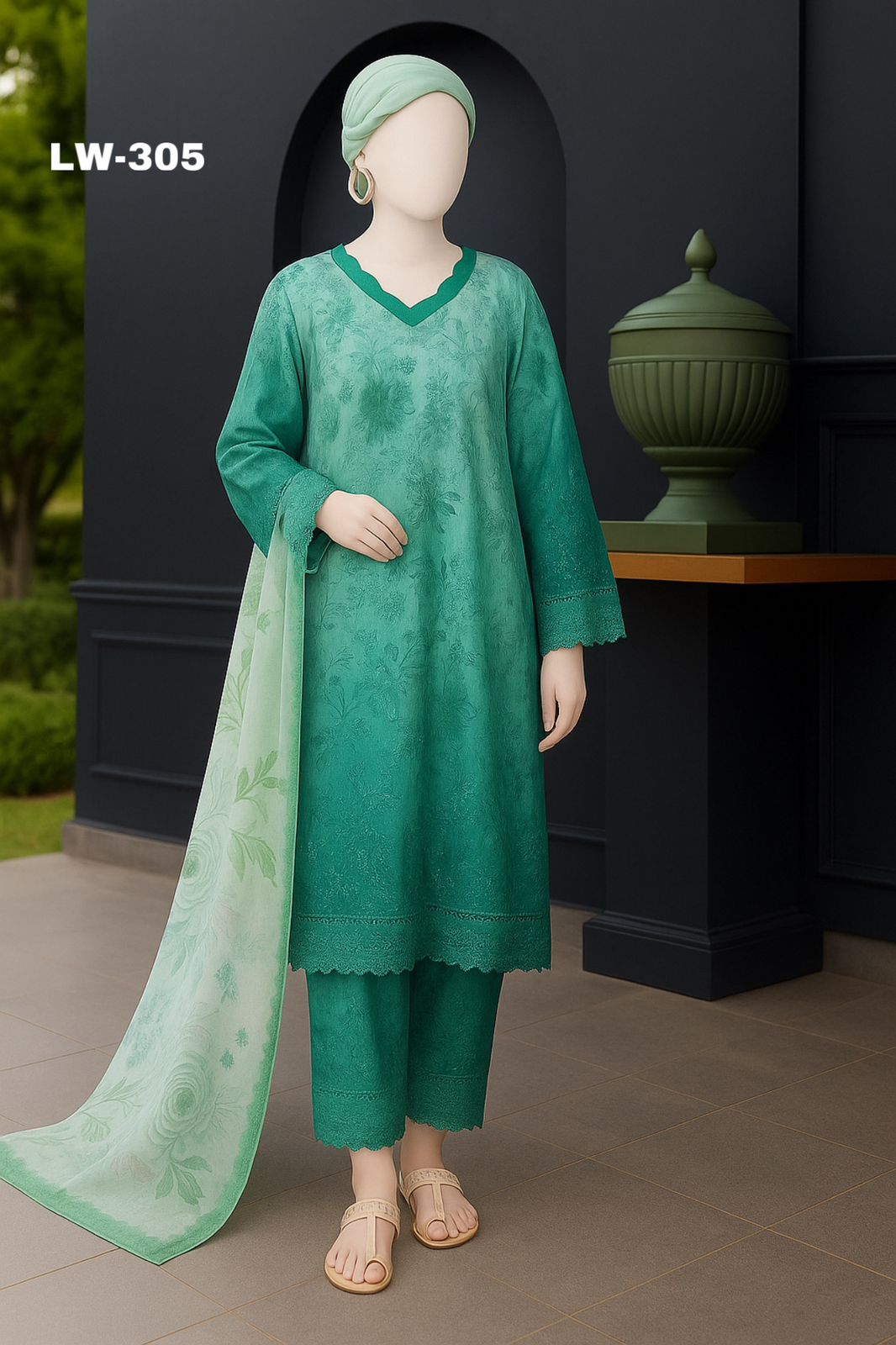 Maria B. – LW-305 | Emerald Elegance embroidered Stitched Lawn Suit (3-Piece)