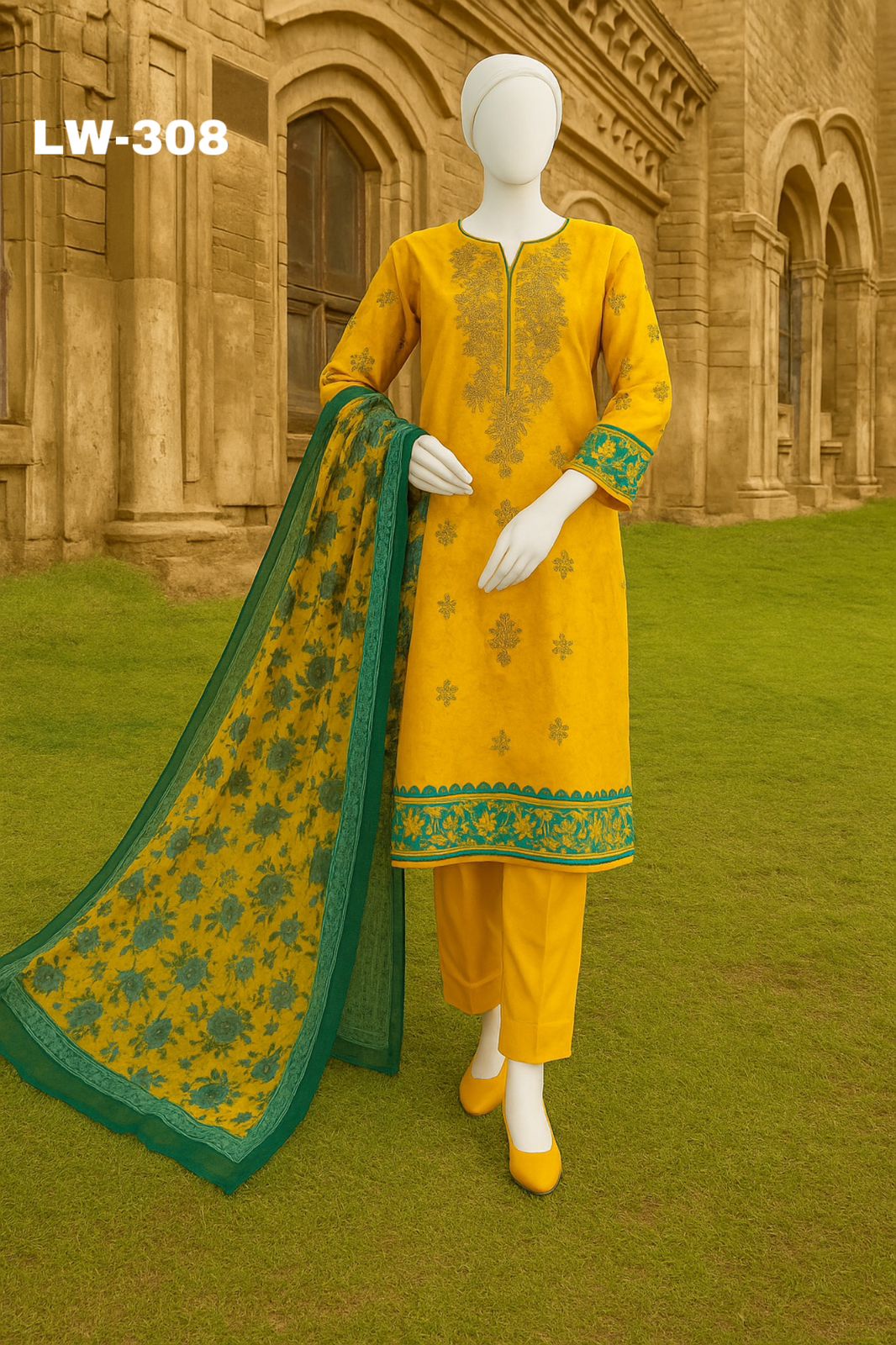 Maria B. – LW-308 | Marigold Embroidered Lawn Suit (3-Piece)