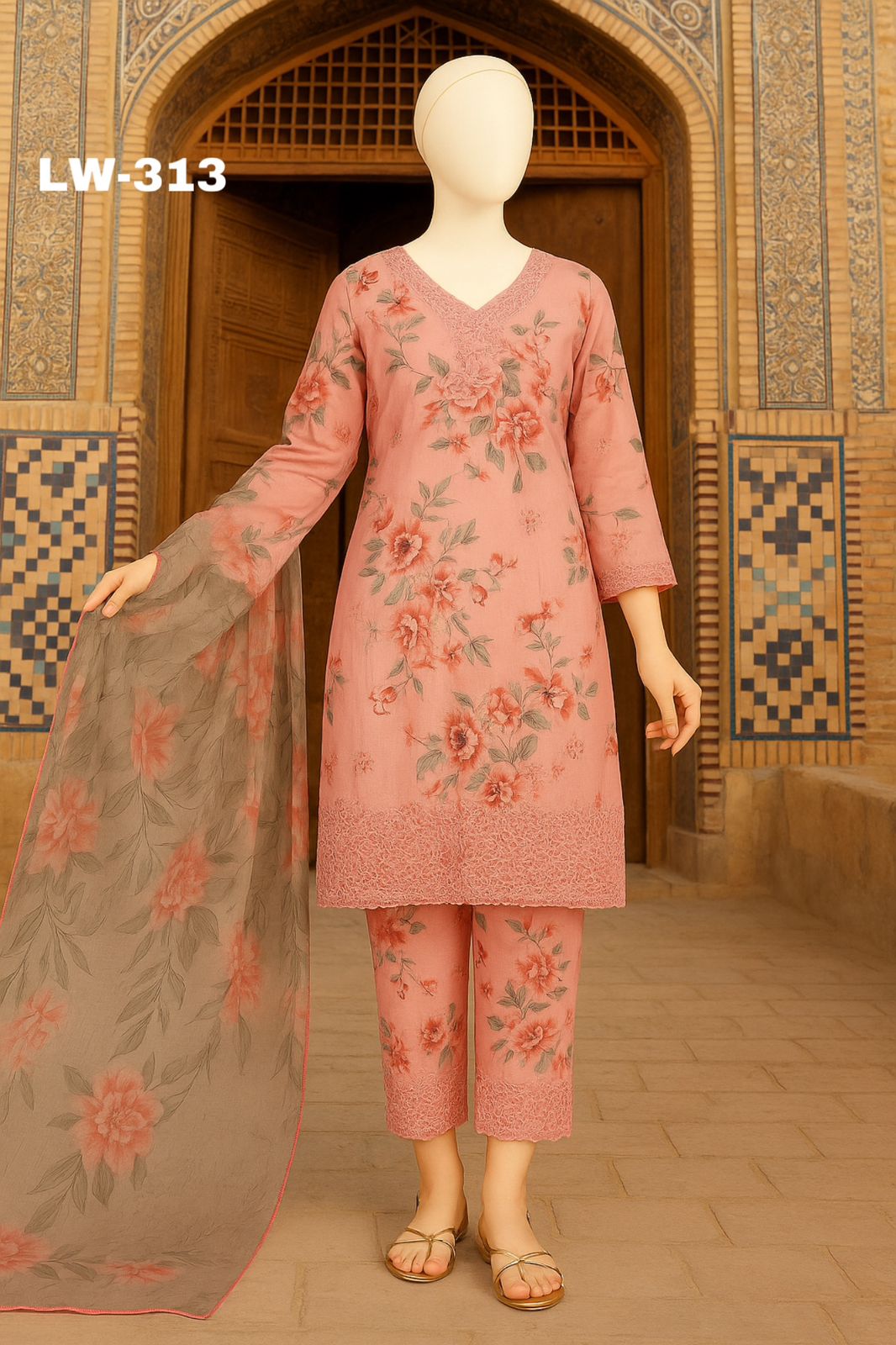 Maria B. – LW-313 | Blush Bloom Embroidered Lawn Suit – 3 Piece (Stitched)