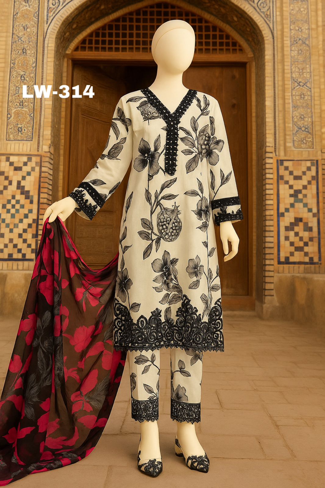 Maria B. – LW-314 | Noir Bloom Chikankari Embroidered Lawn Suit – 3 Piece (Stitched