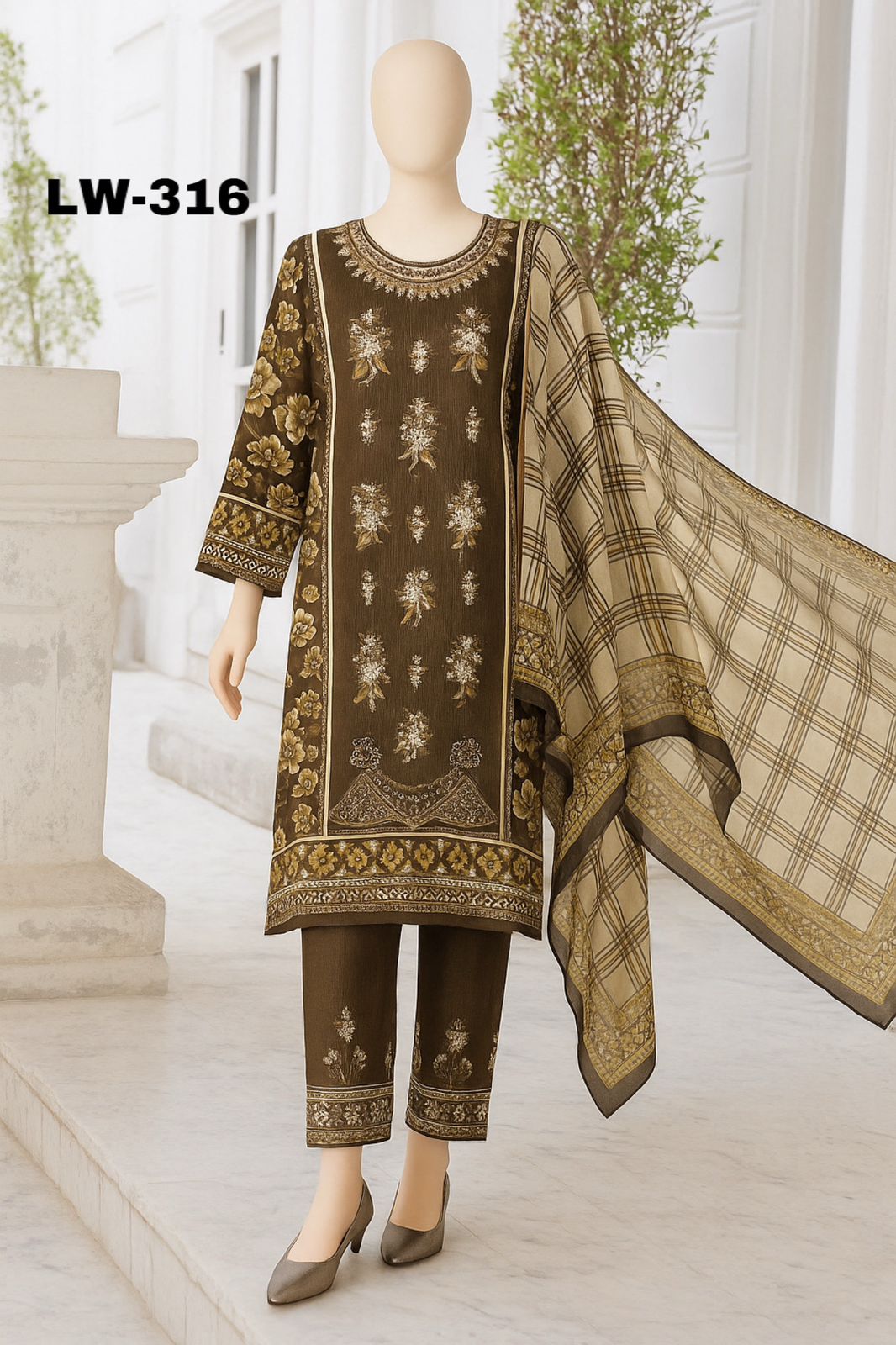 Maria B. – LW-316 | Mocha Gold Printed Lawn Suit – 3 Piece (Stitched)