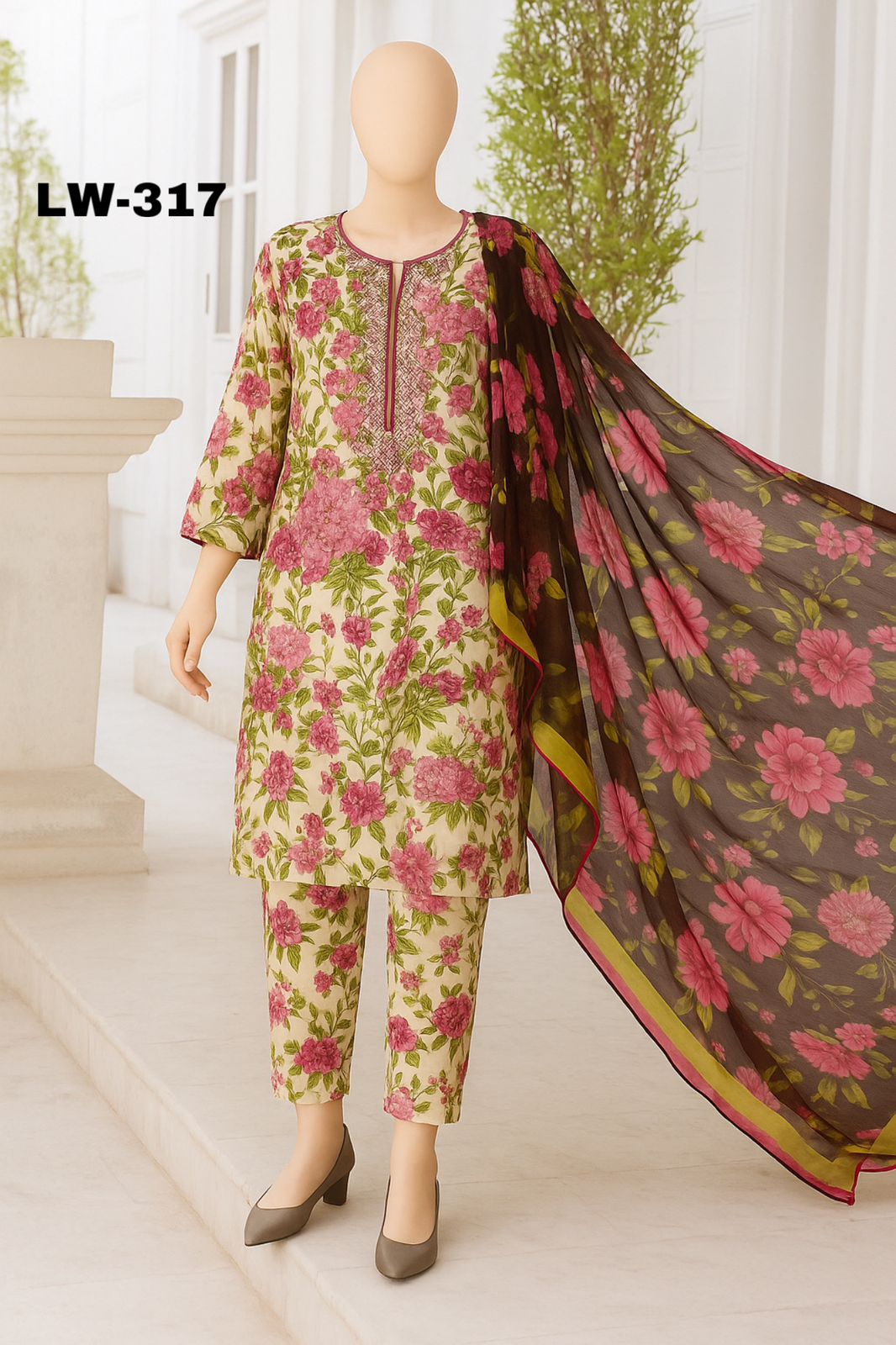 Maria B. – LW-317 | Rose Garden Embroidered Lawn Suit – 3 Piece (Stitched)
